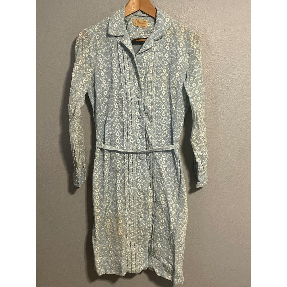 Vintage Jeanne Shirt Dress Womens 12 Blue Lace Embroidered Belted Floral READ